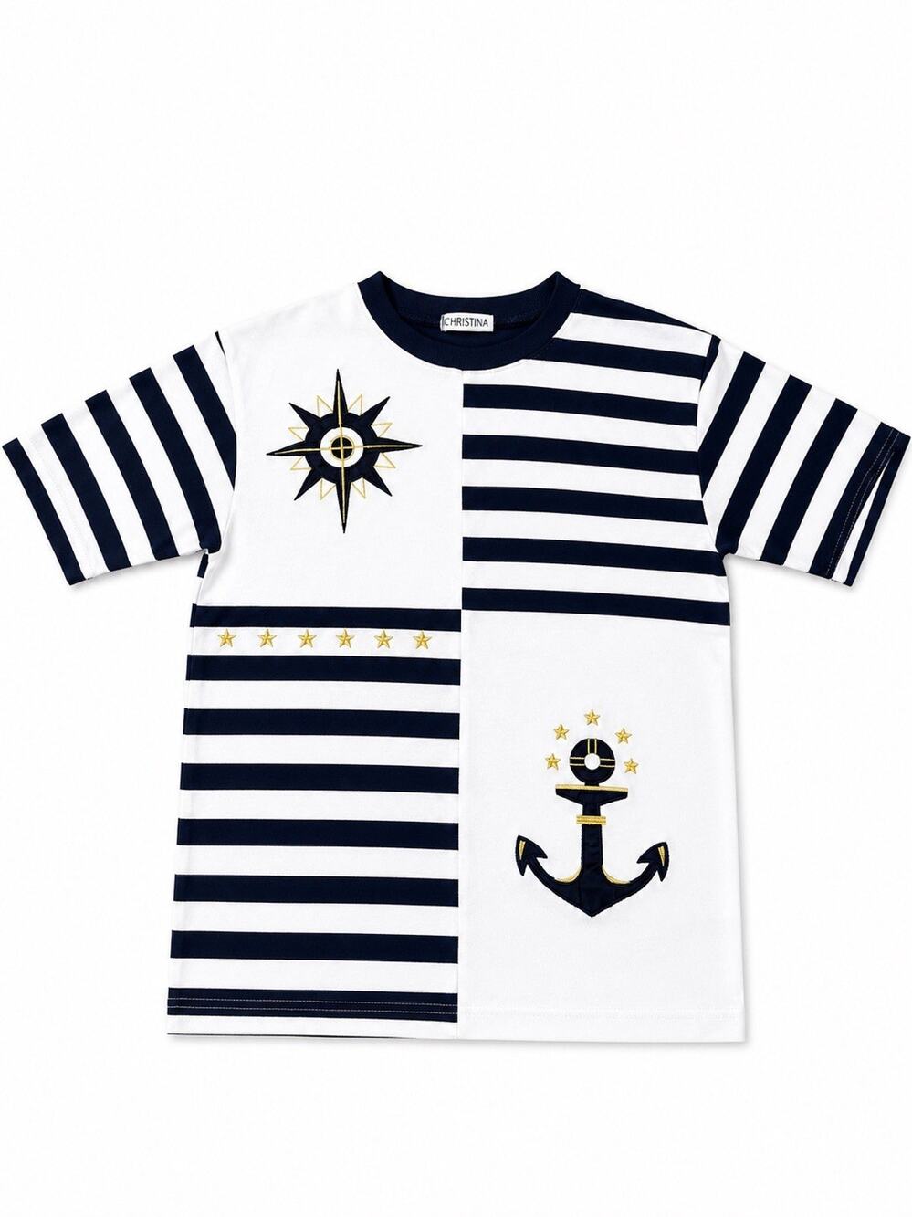 Christina Women’s Nautical Stripe Anchor Compass Embroidered Shirt Large
